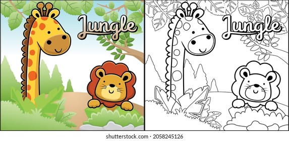 Coloring book or page of funny animals cartoon. Giraffe with lion in jungle