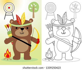 Coloring book or page of funny bear cartoon holding bow with feather headdress, Indian tribe element cartoon