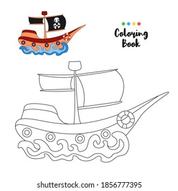 Coloring book page funny cartoon pirate ship on sea wave. Educational game for kids and children. Vector illustration