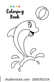 Coloring book page funny cartoon smile dolphin play with ball. Educational game for kids and children. Vector illustration