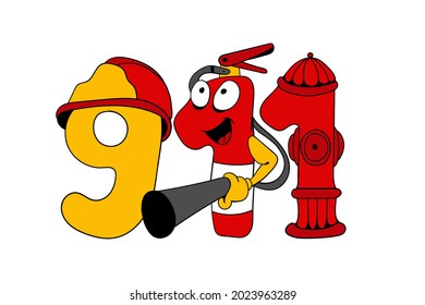 Coloring Book Page Funny Cartoon Smile Fire Extinguisher And Hydrant. Educational Game For Kids And Children. Emergency Fire Call Number 911. Vector Colorful Illustration