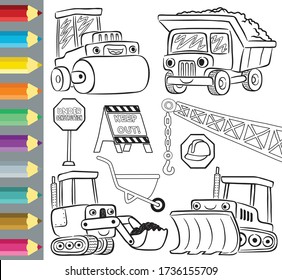 coloring book or page of funny construction vehicles cartoon, construction elements vector illustration