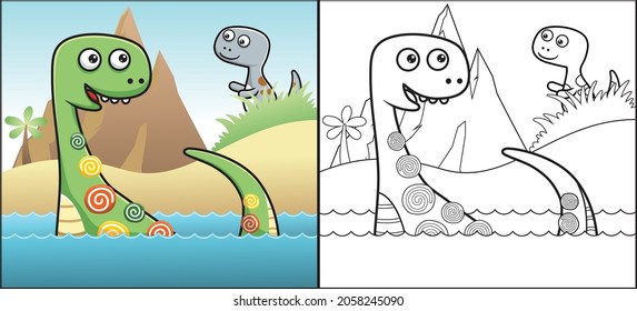 Coloring book or page of funny dinosaurs cartoon on volcano background