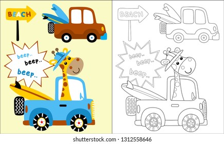 Coloring book or page of funny giraffe on truck carrying surfboard