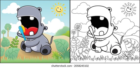 Coloring book or page of funny hippo cartoon brushing it teeth at morning with smiling sun in the forest