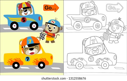 Coloring book or page of funny monkey holding finish flag, bear and tiger on racing car.