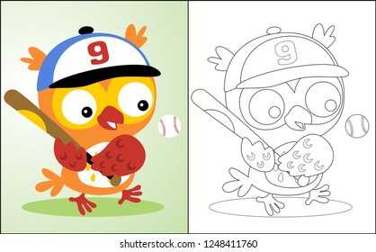 Coloring book or page with funny owl cartoon playing baseball