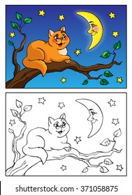 Coloring book or page. Funny Red cat lies on a branch and talking to the moon. The night sky in stars. Vector illustration.