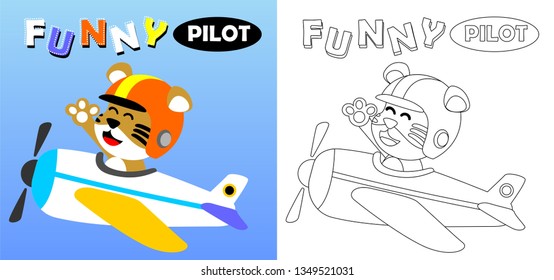 Coloring book or page with funny tiger pilot