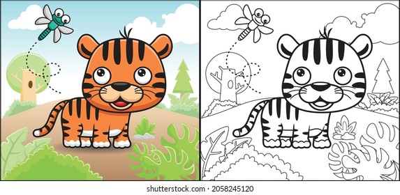 Coloring book or page of funny tiger cartoon with dragonfly in forest