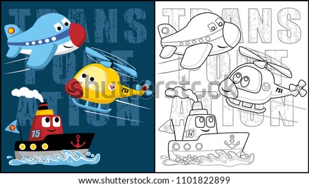 Coloring book or page of funny transportations cartoon