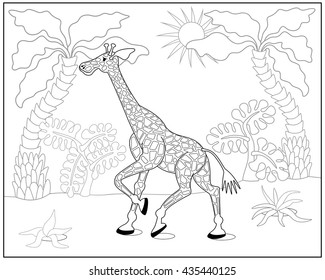 Coloring book or page with giraffe, palm and exotic plants. Vector illustration.