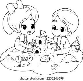 Coloring book or page. A girl and a boy are playing on the beach.They are building a sandcastle.cartoon vector illustration isolated on white background