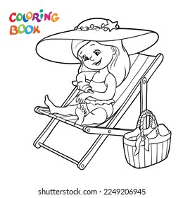 Coloring book or page. A girl in a swimsuit sits and smears herself with sunscreen. Vector illustration.