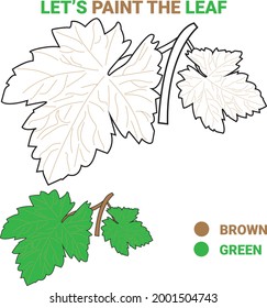 Coloreando la página del libro con la hoja verde. hoja de trabajo para la educación. página de dibujo. dibujar a los niños actividad simple. Actividad educativa para niños de edad preescolar. Ilustración vectorial colorida de dibujos animados planos.