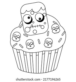 Coloring book page for Halloween. Cartoon castle with ghosts, bats and pumpkins at night.