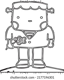 Coloring book page for Halloween. Cartoon castle with ghosts, bats and pumpkins at night.