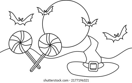 Coloring book page for Halloween. Cartoon castle with ghosts, bats and pumpkins at night.