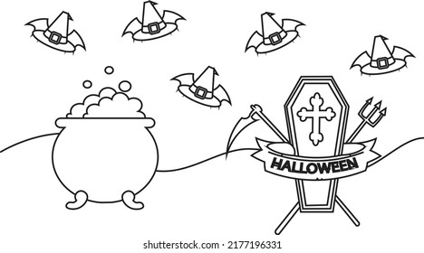 Coloring book page for Halloween. Cartoon castle with ghosts, bats and pumpkins at night.