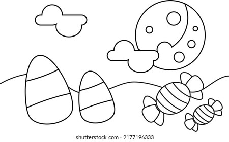 Coloring book page for Halloween. Cartoon castle with ghosts, bats and pumpkins at night.