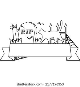 Coloring book page for Halloween. Cartoon castle with ghosts, bats and pumpkins at night.