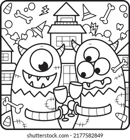 Coloring book page for Halloween. Cartoon castle with ghosts, bats and pumpkins at night.