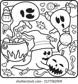 Coloring book page for Halloween. Cartoon castle with ghosts, bats and pumpkins at night.