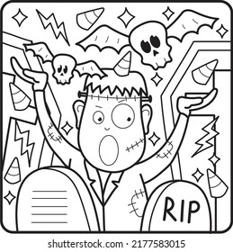 Coloring book page for Halloween. Cartoon castle with ghosts, bats and pumpkins at night.