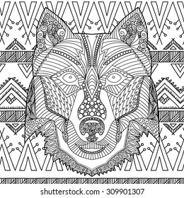 Coloring Book Page with Hand Drawn Zentangle Ethnic Style Wolf Head