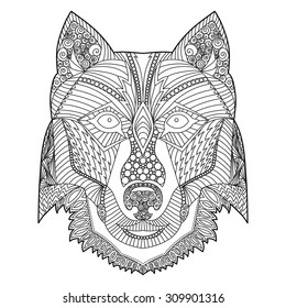 Coloring Book Page with Hand Drawn Zentangle Ethnic Style Wolf Head svg