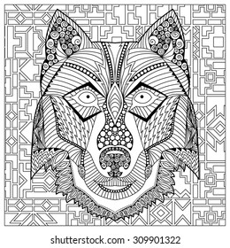 Coloring Book Page with Hand Drawn Zentangle Ethnic Style Wolf Head