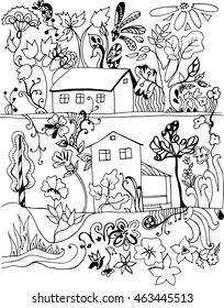 Coloring book page. Hand drawn vector illustration for your design. Floral elements. Life in the village.