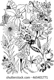 Coloring book page. Hand drawn vector illustration for your design. Floral elements.