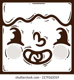 Coloring book page. 
Handdrawn doodle cheerful smiling face of a gingerbread man in a square frame. Vector illustration for christmas and new year. Festive mood. Drawing for the design of a gift box.