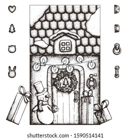 Coloring book page. Handdrawn Dotwork Vector Illustration. Model of cartoon paper Christmas house with wooden door, candle lights, garlands, wreath, snowman, gift boxes, handles and hinges. Holiday