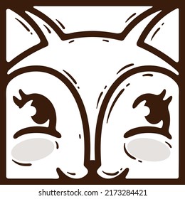 Coloring book page. Handdrawn fox muzzle and triangular ears in brown frame. Christmas gift for children. New year doodle illustration with cute animal. Concept of holiday, celebration, gift, game