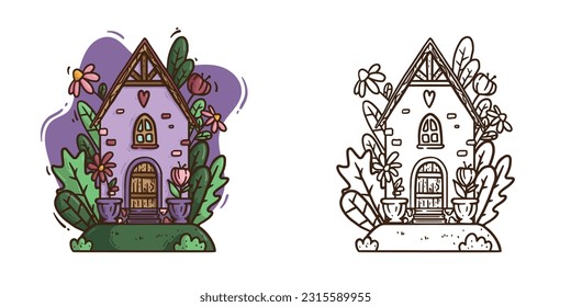 Coloring book page. Handdrawn vector doodle illustration with cartoon house on hill. Line art flowers in vase. Greeting card for spring holiday. Mothers Day. Summer.  Educational material for children