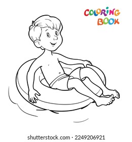Coloring book or page. Happy boy swim on rubber ring in the water. Vector illustration.