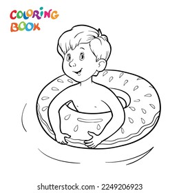Coloring book or page. Happy boy swim on rubber ring in the water. Vector illustration.