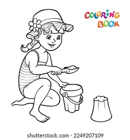 Coloring book or page. A happy girl in panama hat play in the sand and toys. Vector illustration.