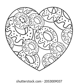 Coloring book page. Heart shaped doughnut design. Cakes background for the holiday. Cartoon style Vector glazed and sprinkled donut.