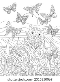 Coloring book page. hill landscape with cat. black and white vector illustration of cat surrounded flying butterflies