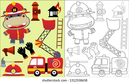 Coloring book or page of hippo cartoon in fireman costume with fire rescue element