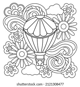 Coloring book page. Hot Air Balloons, flowers and Clouds on white background. Balloon festival. Vector Contour drawings for design.