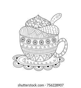 Coloring book page of ice cream zentangle style. Handdrawn. Vector illustration.