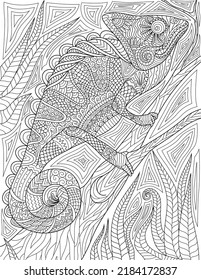Coloring Book Page With Iguana Climbing On Tree With Detailed Background. Sheet To Be Colored With Lizard Crawling On Wood. Chameleon Going Up On Timber. svg