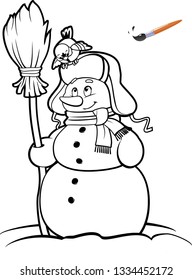 Coloring book or page, illustration. Card concept - Cute snowman with broom and bird