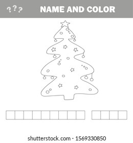 Coloring book or page, illustration. Christmas tree with decorations and gifts. Greeting card concept.