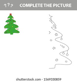 Coloring book or page, illustration. Christmas tree with decorations and gifts. Greeting card concept.