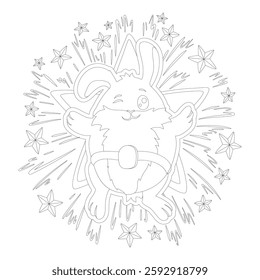 Coloring book page illustration featuring a joyful bunny surrounded salute with stars